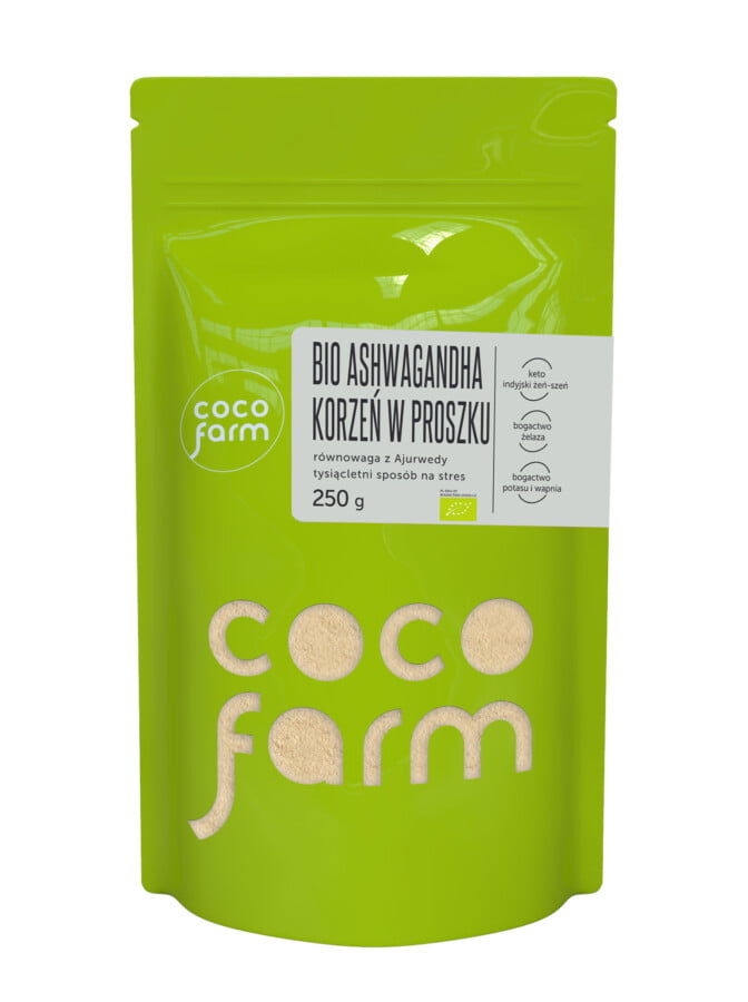 Coco Farm BIO ashwagandha šaknų milteliai. Ajurvedos, tūkstantis metų senumo būdas sumažinti stresą 250g