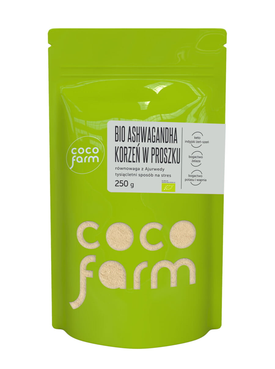 Coco Farm BIO ashwagandha šaknų milteliai. Ajurvedos, tūkstantis metų senumo būdas sumažinti stresą 250g