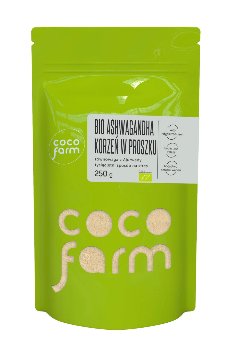 Coco Farm BIO ashwagandha šaknų milteliai. Ajurvedos, tūkstantis metų senumo būdas sumažinti stresą 250g