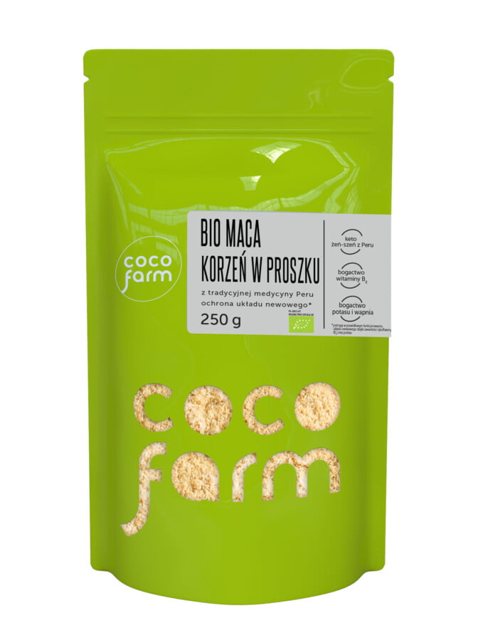 Coco Farm Maca šaknų milteliai iš tradicinės Peru medicinos, nervų sistemos apsaugai 250g
