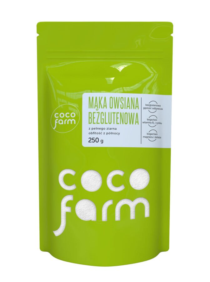 Coco Farm be glitimo pilno grūdo avižų miltai, gausa iš šiaurės 250g