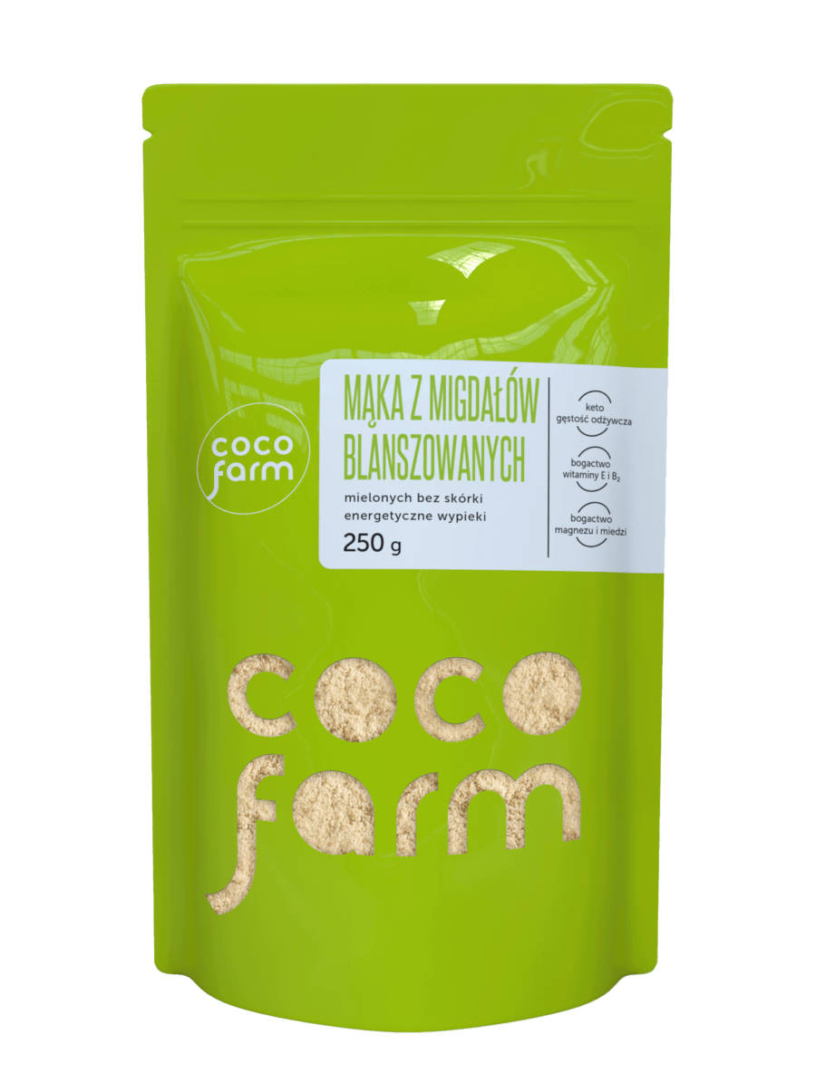 Coco Farm blanširuoti migdolų miltai, malti be odelės, energingi kepiniai 250g