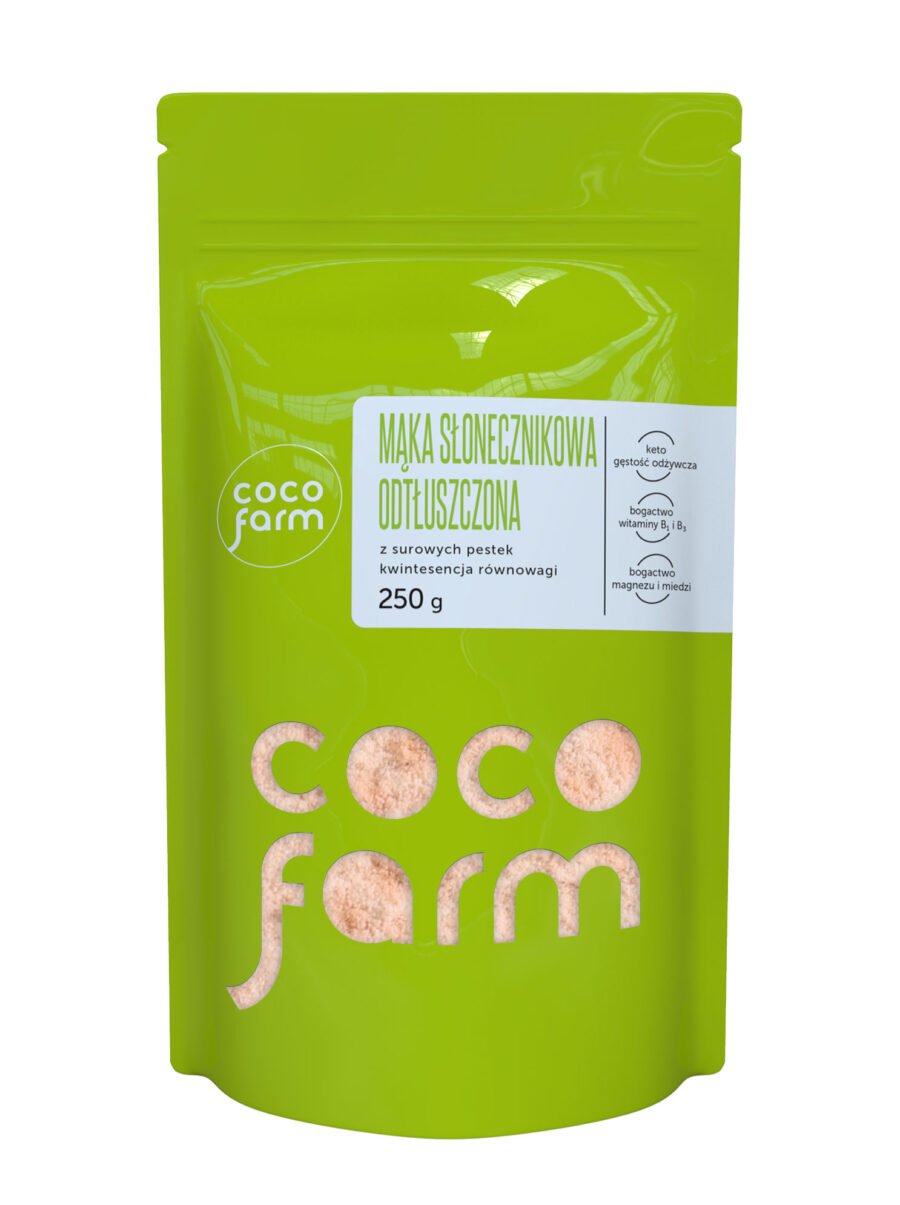 Coco Farm saulėgrąžų miltai, nuriebalinti iš neskrudintų sėklų, balanso kvintesencija 250 g