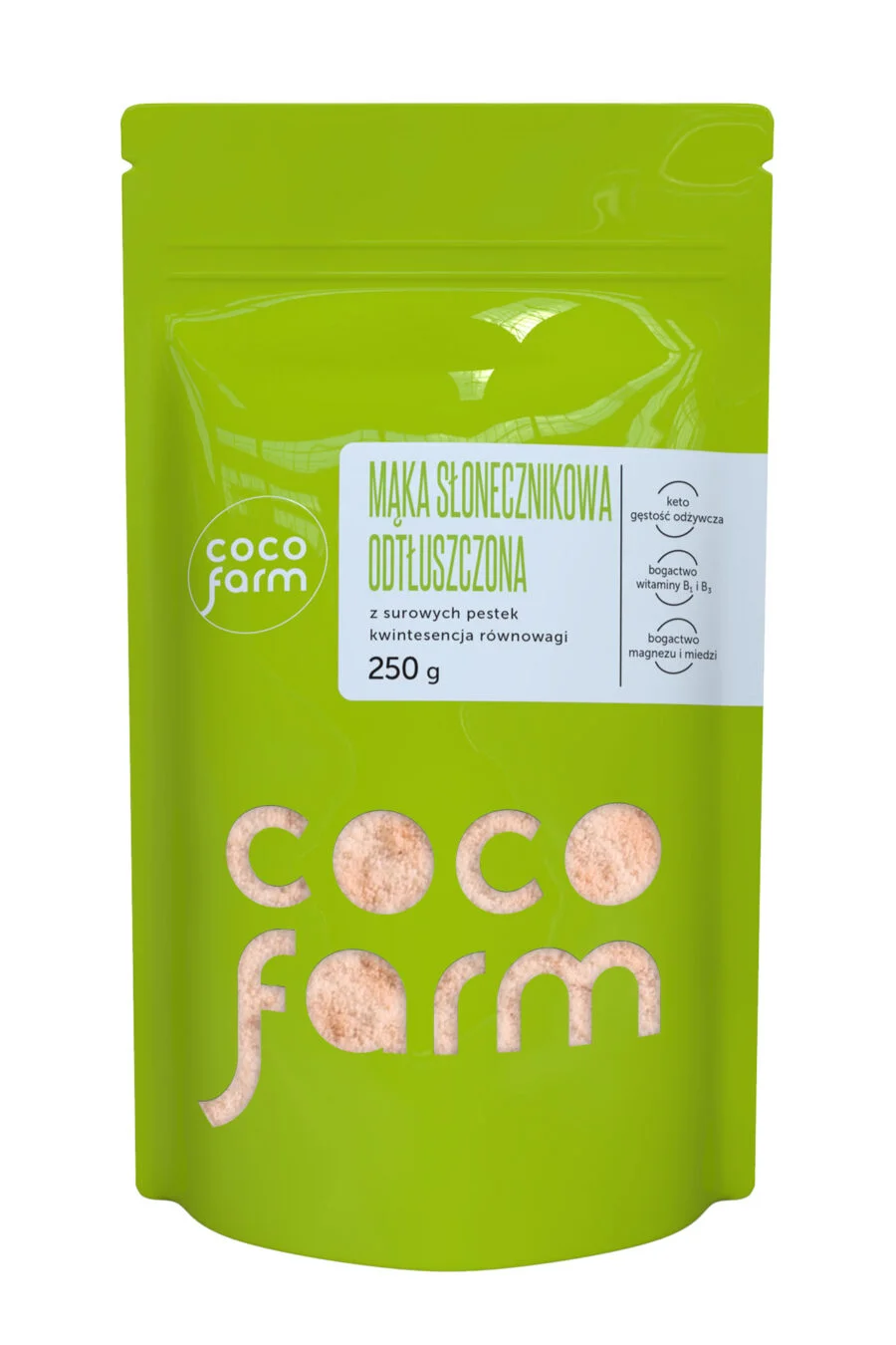 Coco Farm saulėgrąžų miltai, nuriebalinti iš neskrudintų sėklų, balanso kvintesencija 250 g